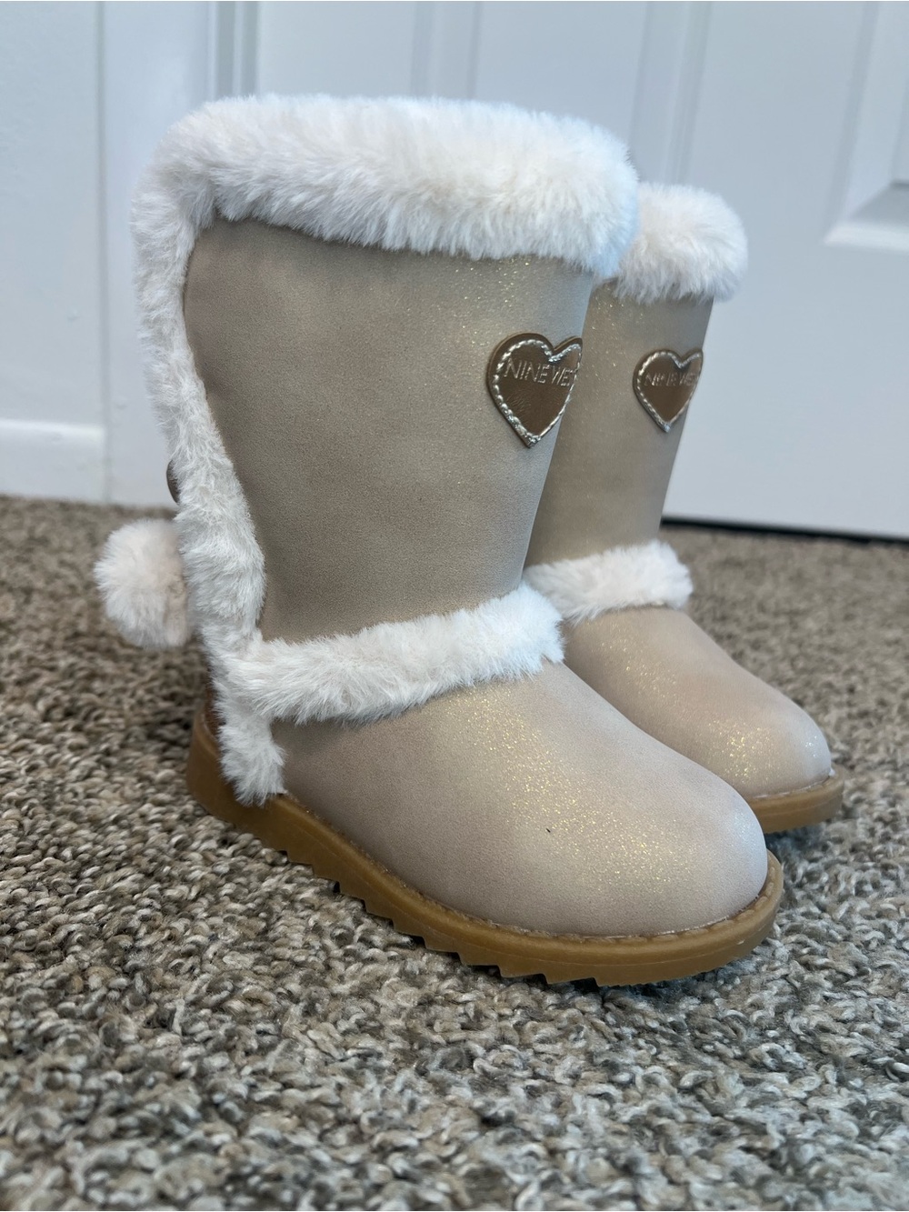 Nine West Shimmery Beige Faux Fur-Trim Heart Boots